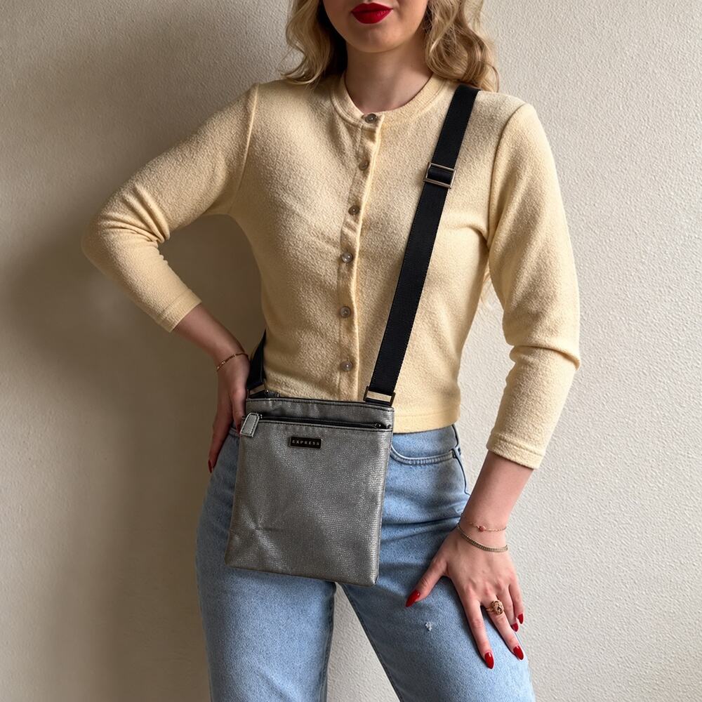 Express Metallic Messenger Crossbody Bag Silver Black Travel Casual